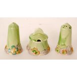 Clarice Cliff - My Garden - A three piece cruet set circa 1934 relief moulded with flowers and
