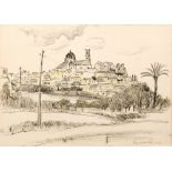 Emmanuel Levy (1900-1986) - A hill top village, ink and coloured crayon drawing,
