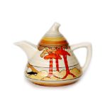 Clarice Cliff - Coral Firs - A Lynton shaped teapot and cover circa 1934 hand painted with a