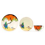 Clarice Cliff - Woodland - An Athens shape teacup, saucer and side plate circa 1930,