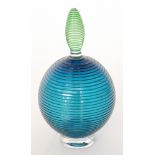 Bob Crooks - A studio glass Spirale scent bottle the clear crystal foot rising to the blue globular