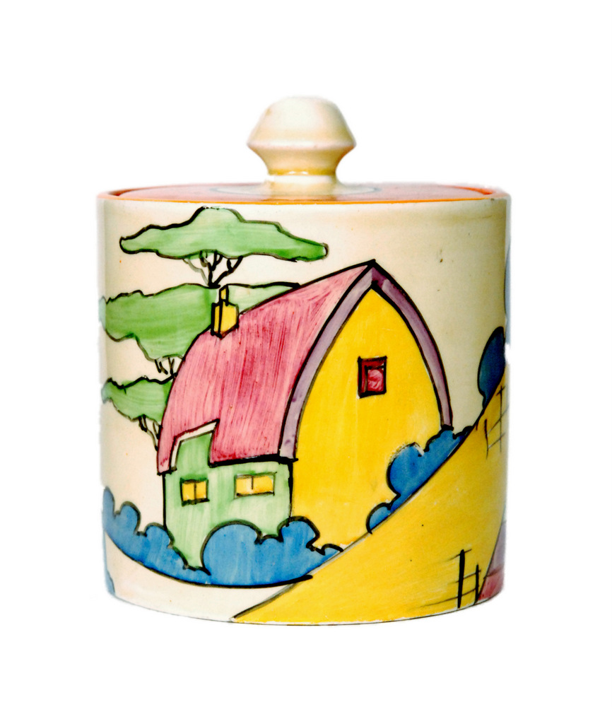 Clarice Cliff - Pink Roof Cottage - A drum preserve circa 1932,