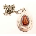 Unknown - A 1970s hallmarked silver and banded agate teardrop shaped pendant,