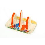 Clarice Cliff - Crocus - A three bar toast rack with rectangular base circa 1930 hand painted with