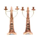 Unknown - A pair of Jugendstil Secessionist copper and brass twin arm candelabra in the manner of