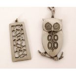 Unknown - A Scandinavian style pewter pendant modelled as an owl on a twig and another with pierced
