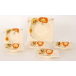 Clarice Cliff - Tresco - A Biarritz shape dessert service comprising a square serving bowl and five