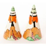 Clarice Cliff - Honolulu - A pair of conical salt and pepper pots circa 1933 hand painted with a