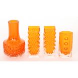 Geoffrey Baxter - Whitefriars - A group of Textured range Tangerine glass comprising a Mallet vase,