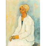 Andre Minaux (French School, 1928-1986) - Portrait of a woman wearing a white jacket,