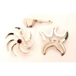 Unknown - Three 1970s Mexican Sterling silver brooches,