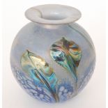 Jonathan Harris - A studio glass vase of globular form below a wide flat rim decorated with