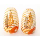 Clarice Cliff - Capri (Orange) - A pair of Lynton shape salt and pepper pots circa 1935 hand