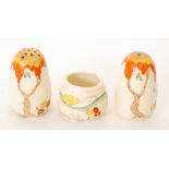 Clarice Cliff - Taormina (Orange) - A Lynton shape cruet set circa 1935 hand painted with a