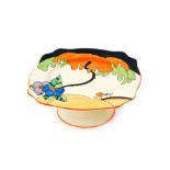 Clarice Cliff - Woodland - A miniature pedestal tazza with a Leda shaped plate top transfer printed