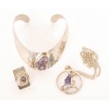 Jacob Hull for Buch and Diechman - A Danish hammered pewter collar with collar set amethyst crystal,