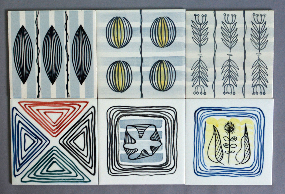 Alastair Macduff - Dorincourt Industries - Six 1950s 6in dust pressed tiles each decorated with a