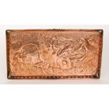 An early 20th Century Arts and Crafts rectangular copper tray decorated with fish, unmarked,