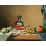 CHRISTOPHER CAWTHORNE (CONTEMPORARY) - A still life with bottle, apples and grapes on a table top,