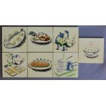 AB Read - Carter & Co - Seven assorted early 1950s 6in dust pressed tiles decorated with various