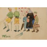 ALBERT WAINWRIGHT (1898-1943) - 'Boys in uniform at a fair - Wien', ink and wash drawing, unframed,