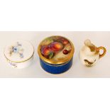 Three pieces of miniature Royal Worcester comprising a circular pill box and cover decorated to the