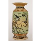 A later 20th Century studio pottery vase decorated with a hand painted black pattern of birds and