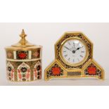 Two pieces of Royal Crown Derby Old Imari 1128 pattern comprising a mantel clock and a drum shaped