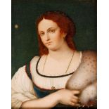 AFTER TITIAN - Portrait of a lady, watercolour miniature, 19th century, framed,