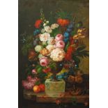 MANNER OF JAN VAN HUYSUM - 'Flowers in an urn on a marble plinth, oil on canvas,