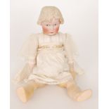 A Heubach bisque head doll with moulded and painted features,