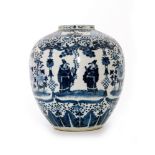 A 19th Century Chinese blue and white ovoid vase decorated with hand painted figures in