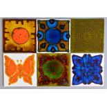 Ann Wynn Reeves and Kenneth Clark - Six 6in dust pressed tiles from 1971 to 1976 with decoration to
