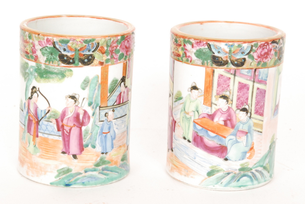 A pair of Chinese Qing Dynasty early 19th Century famille rose brush pots both hand painted with - Image 2 of 7