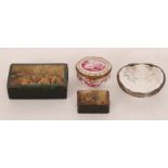 A Limoges porcelain box with hinged lid, hand painted in puce with landscape cartouche panels,