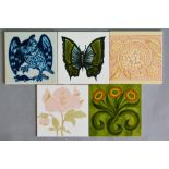 Ann Wynn Reeves and Kenneth Clark - Five 1970s 6in dust pressed tiles comprising reinterpretations