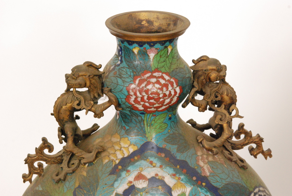 A pair of 19th Century cloisonné vases of archaic hu form each decorated with a central - Image 6 of 13