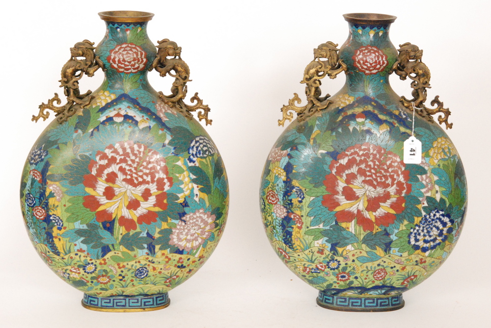 A pair of 19th Century cloisonné vases of archaic hu form each decorated with a central - Image 2 of 13