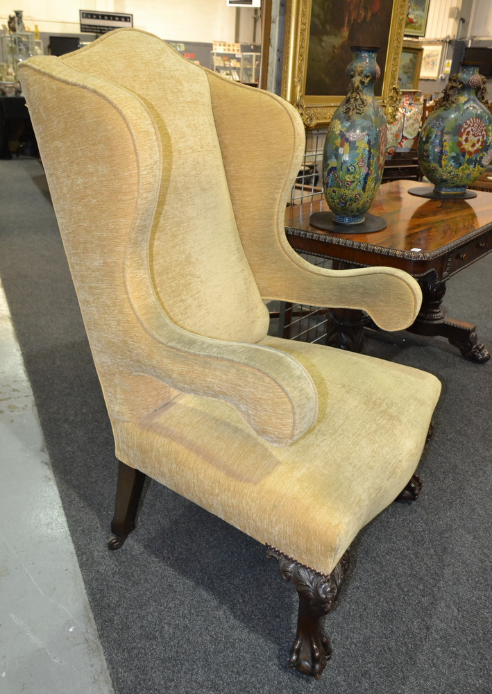 Revised estimate - An early 20th Century open sided armchair with yellow fabric upholstery, - Image 2 of 3