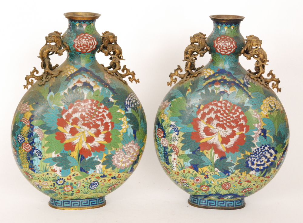 A pair of 19th Century cloisonné vases of archaic hu form each decorated with a central - Image 4 of 13