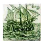 William de Morgan - A 6in Sands End Pottery plastic clay tile decorated with a hand painted galleon