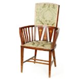 An Arts and Crafts inlaid mahogany elbow chair with decorated and pierced slatted and padded back
