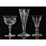 A group of assorted drinking glasses comprising an ale glass circa 1780 with a conical bowl