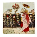 Walter Crane - A late 19th Century 6in dust pressed tile decorated with a hand painted scene of