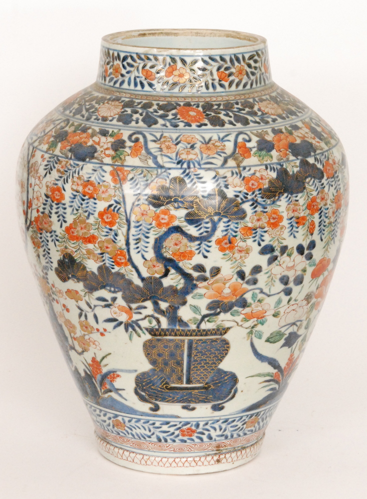 A large late 19th Century Japanese floor vase decorated in the Imari palette with bands of flowers - Image 5 of 8