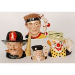 Four assorted Royal Doulton character jugs comprising The Juggler D6835, The Clown D6834,