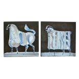 Roger Capron - Two French 6in dust pressed tiles decorated with a stylised sheep and a horse,