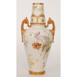 A late 19th Century Royal Worcester shape 1077 twin handled vase decorated with sprays of flowers