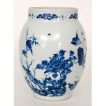 A Chinese blue and white vase decorated with hand painted birds perched upon branches and in flight
