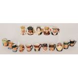 Sixteen Royal Doulton miniature character jugs to include Henry V D6994, Charles I D6995,